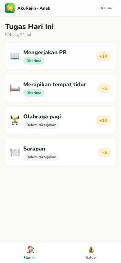Tampilan aplikasi AkuRajin di HP anak: daftar tugas hari ini