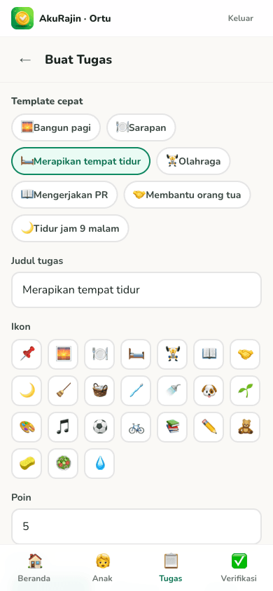 Tampilan beranda orang tua berisi daftar tugas anak