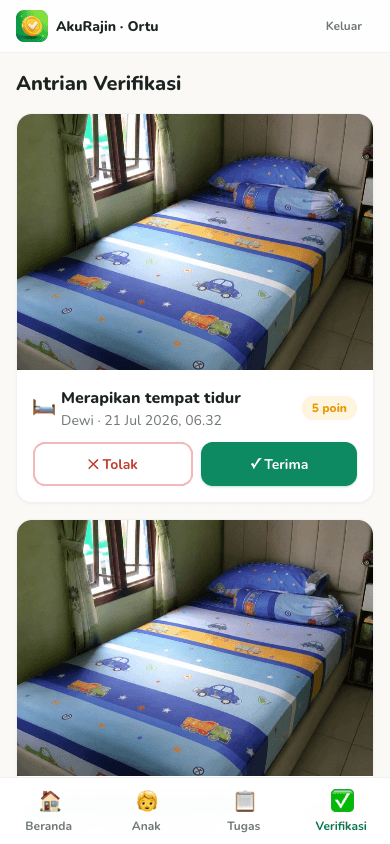Tampilan antrian verifikasi laporan tugas anak di HP orang tua